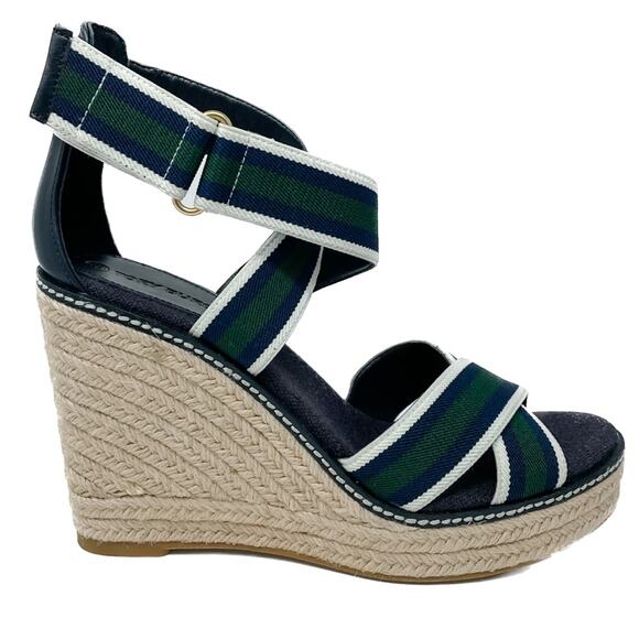 Tory Burch Frieda Green Navy White Stripe Canvas Leather Espadrilles size 9.5 - Picture 10 of 13